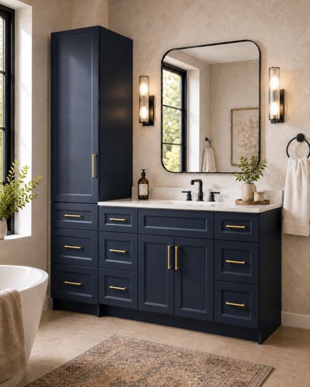 Linen Tower, Black bathroom vanity