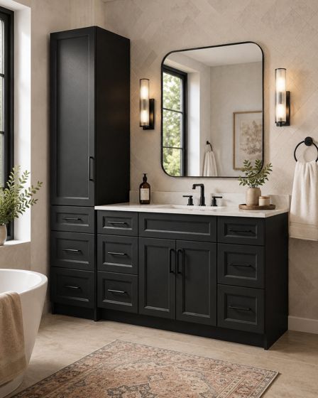 Linen Tower, Blue bathroom vanity