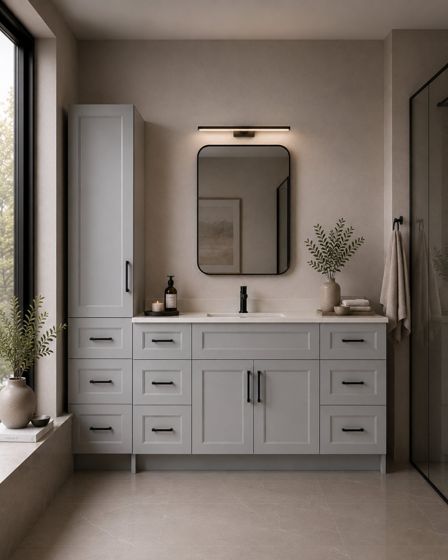 Linen Tower, Grey bathroom vanity