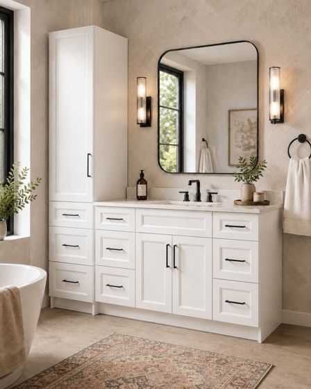 Linen Tower, White bathroom vanity
