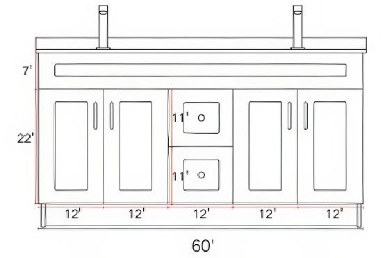Measurement drawing, HDF 60" Double Sink
