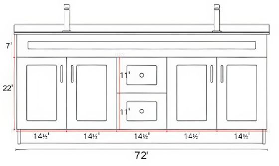 Measurement drawing, HDF 72" Double Sink