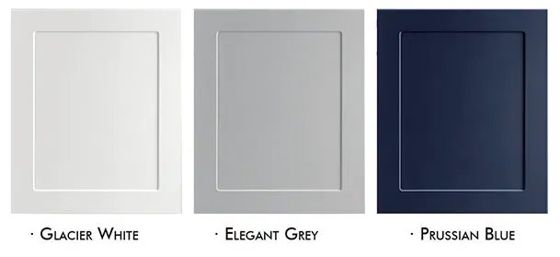 HDF colour finishes: Glacier White, Elegant Grey, Prussian Blue
