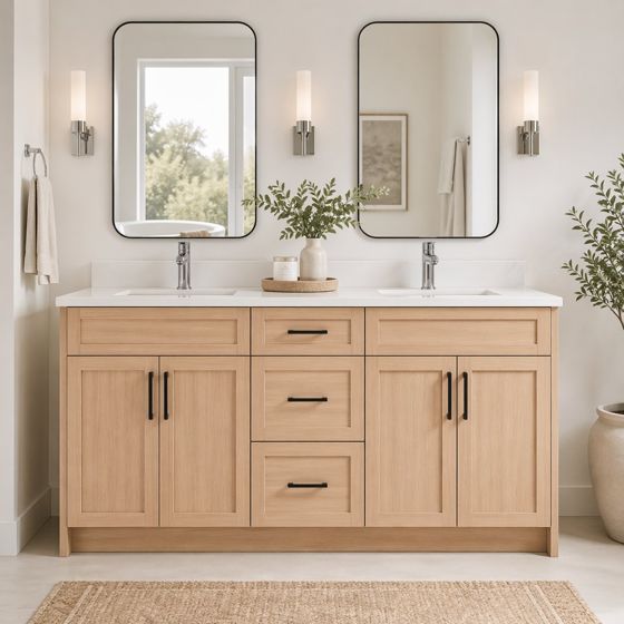 Light oak double-sink bathroom vanity