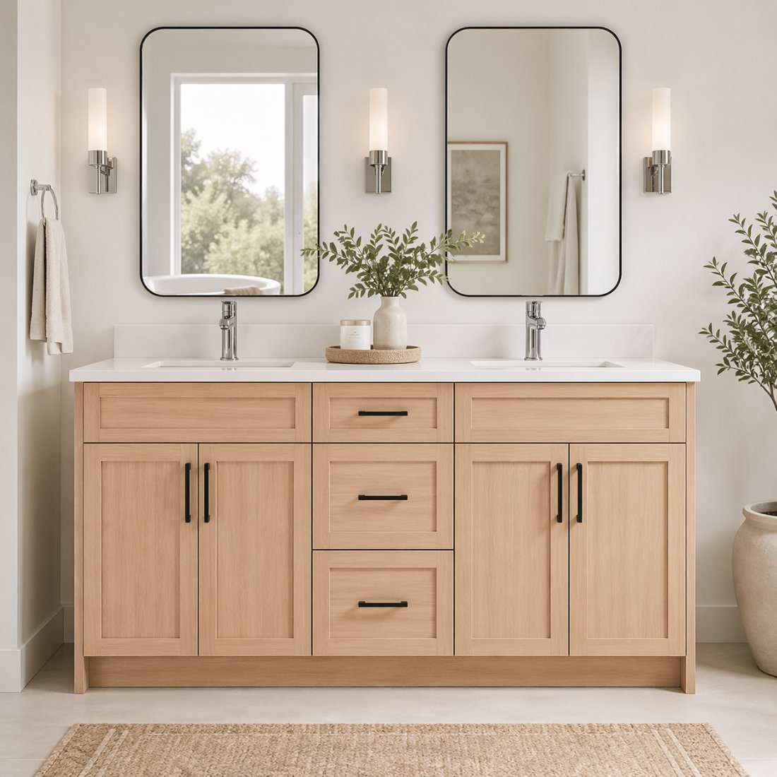 Light oak veneer double-sink vanity