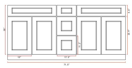 Measurement drawing, Pinewood 72" Double Sink