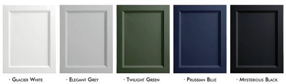 Pinewood colour finishes: Glacier White, Elegant Grey, Twilight Green, Prussian Blue, Mysterious Black
